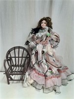 28" Tall Doll with Elaborate Dress & Chair