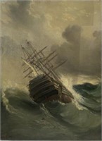 Luigi P. Renault Painting of Ship on Stormy Seas.