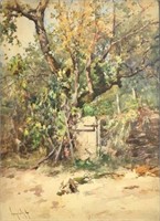 Antal Neogrady Watercolor of Garden Gate & Tree.