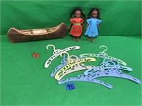 2 Dolls, Play Hangers & Toy Canoe