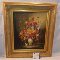 29" x 33" framed European painting of flowers on