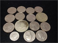 Bag of U.S. coins: Ike dollars, Kennedy &