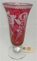 10" x 4" Base etched ruby vase