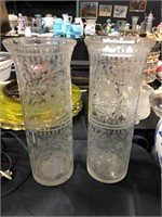 Pair Clear Etched Glass Vases.