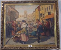 Vintage Hungarian large oil painting of market
