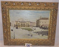 Hungarian oil painting of a street scene with