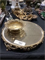 Mirrored Cast Tray, Brass Bowl.