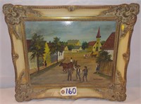 Hungarian painting on board of village scene,
