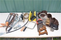 Lot: come-along, utility belt, saws, crow bars, ca
