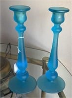 Pair of Blue Glass Candle Holders