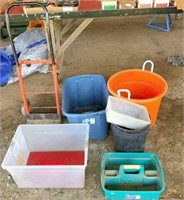 group of plastic totes & 2-wheel dolly
