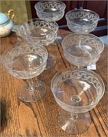 Antique Set of 6 Etched Crystal Champagne Stems