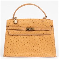Gold-Tone Ostrich Skin 32cm Handbag