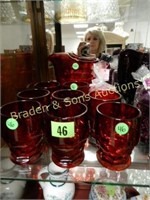 GROUP OF 8 CRANBERRY GLASSES WITH PITCHER