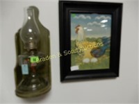 ANTIQUE OIL LANTERN ON SHELF AND FRAMED IN