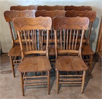 Eight Pressed Back Oak Dining Chairs