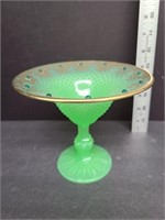 Green Satin Glass Pedestal Dish, 24ct Gold Design