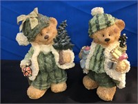 Two  Pretty Teddy Bear Glitter Statues -Seasonal