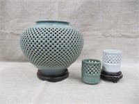 Heavy Green Vase & 2 Smaller Jars