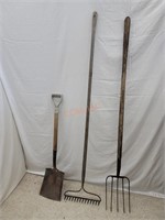 Square Shovel, Metal Rake, and Hay fork