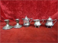 (5)Silver plate pcs. Candlesticks, creamers.