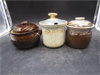 Three Stoneware Covered Pots