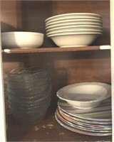 CABINET LOT- BOWLS, GLASSWARE, CANISTERS, TRAYS