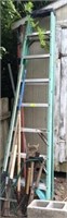 GROUP- 8’ LADDER, YARD TOOLS MISC,