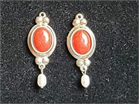 925 Sterling Earrings, Red Agate & Cultured Pearl