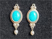 925 Sterling Earrings, Turquoise & Cultured Pearl