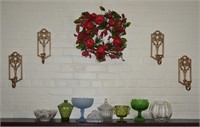 13 pcs. Wall Sconces, Wreath & Vintage Glass Decor