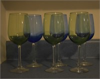 6 pcs. Blue & Green Glass Stemware Wine Glasses