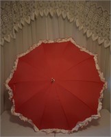 Vintage Lucite Handle Red & White Ruffle Umbrella