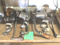 3 hand crank grinder w/ wooden handles/wood press