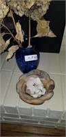 Marble bowl of shells & Blue vase