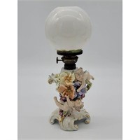 German Porcelain Oil Lamp With Cherubs W/ MARK