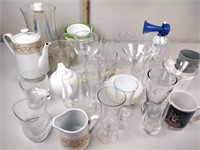 Mugs, stemware, fog horn, teapot (chipped spout),