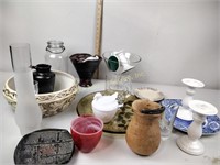 Hen on nest, candlesticks, canning jar, oil lamp