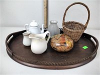 Wood serving tray, iron stone child's teapot,