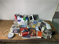 Cleaning supplies, picture frames, books,