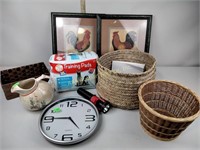 Quartz wall clock, baskets, Crown pottery pitcher
