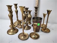 Brass candlesticks & cup