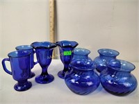 Cobalt blue glassware: mugs, vases, sundae