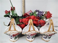 Faux flowers, small US flags, ceramic basket