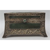 A Fine Mughal Sterling Box W/ Jade Panels & Emera