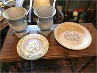 Vintage Pair of Ceramic Urns & Madonna Plate