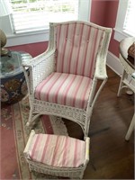 WHITE WICKER ROCKER WITH CUSHIONS AND FOOT STOOL