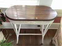 WHITE WICKER OVAL  TABLE WITH WOOD TOP