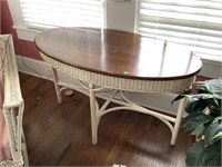 WHITE WICKER OVAL TABLE WITH WOOD TOP