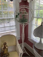 WHITE WICKER BIRD CAGE WITH STAND